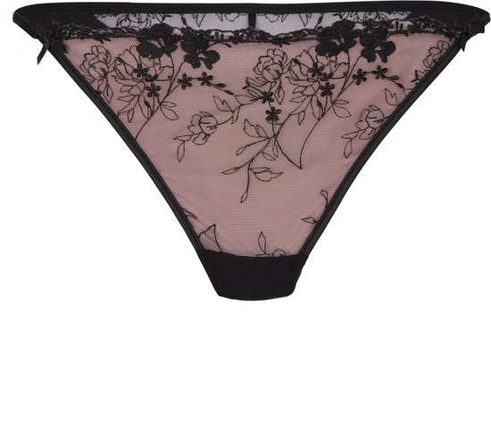 Tanga noir avec devant en mesh nude transparent orné de broderies florales. Bordure en dentelle noire avec motif floral.