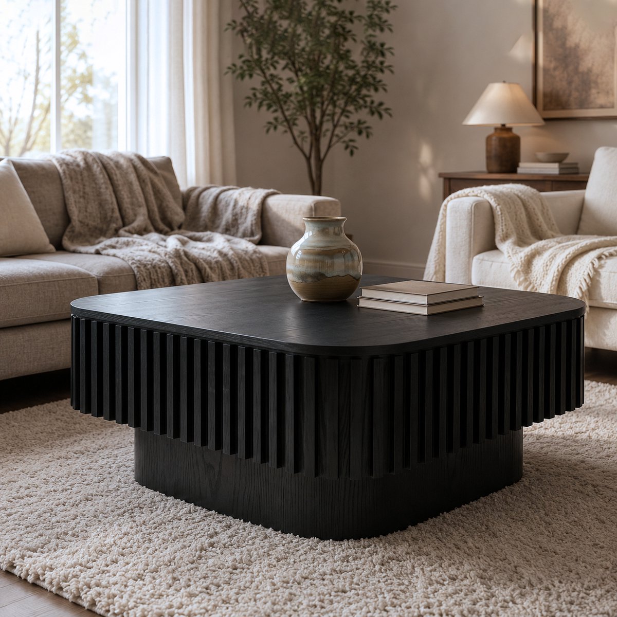 MODFU Salontafel - Verborgen Opbergruimte - Modern - MDF - Zwart - 75 x 75 x 35 Cm