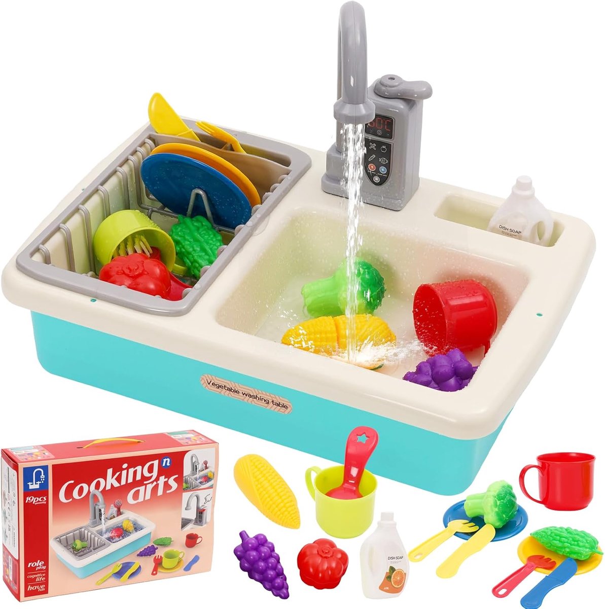 SnelShoppen - Keukenspoelbak Speelgoedset met Watercirculatie, Modderkeuken Kinderkeukenaccessoires voor Rollenspel, Spelen met Stromend Water voor Jo