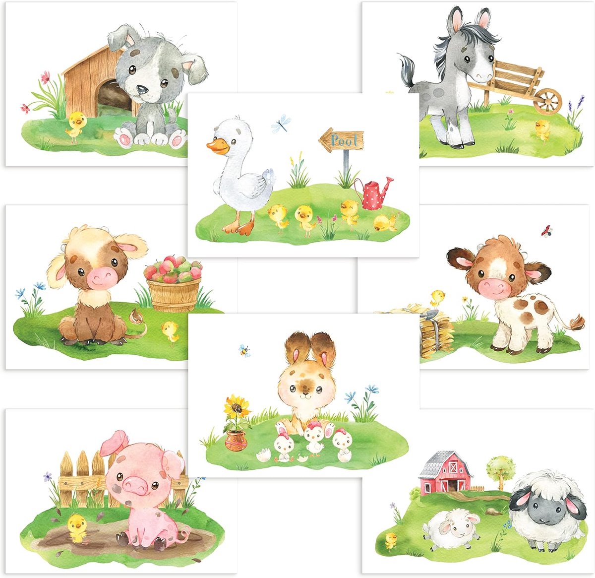 Poster set voor kinderkamer - 8 schattige dierenillustraties - veelzijdige wanddecoratie - stimuleert creativiteit - ShopVlot