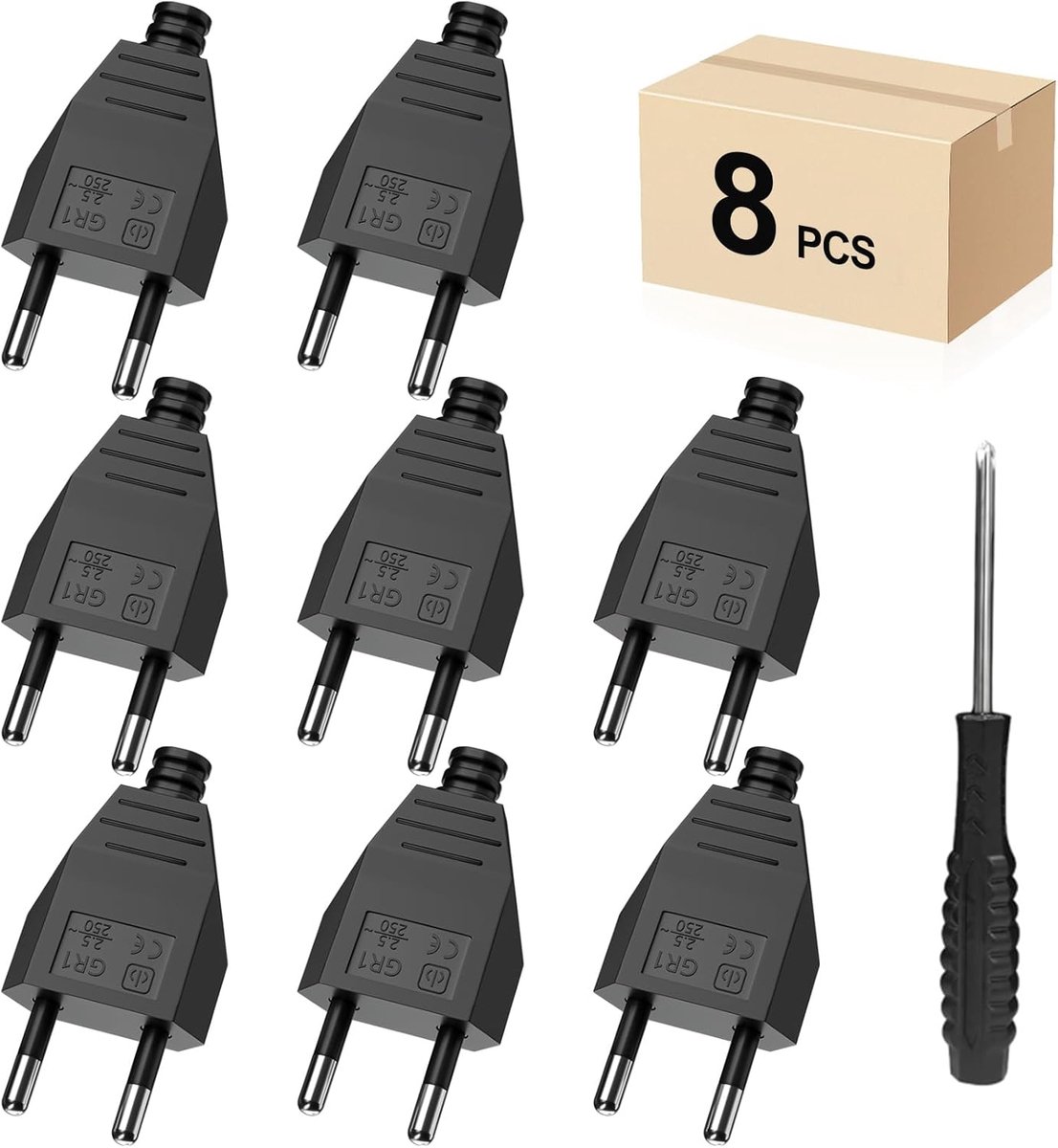 Euro plug flat, Euro flat plug, power plug flat (220V, 2.5A), black - 8 pieces - ShopVlot