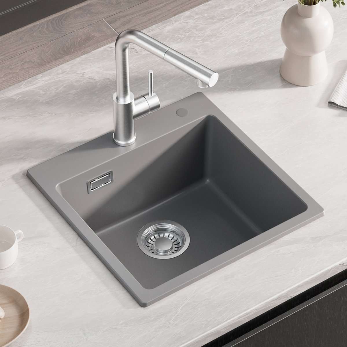 CECIPA Max Spoelbak Keuken 45x45 cm - Granieten Gootsteen Grijs - Composiet Spoelbak - Enkele Wasbak Met Kraangat - Inclusief Sifon