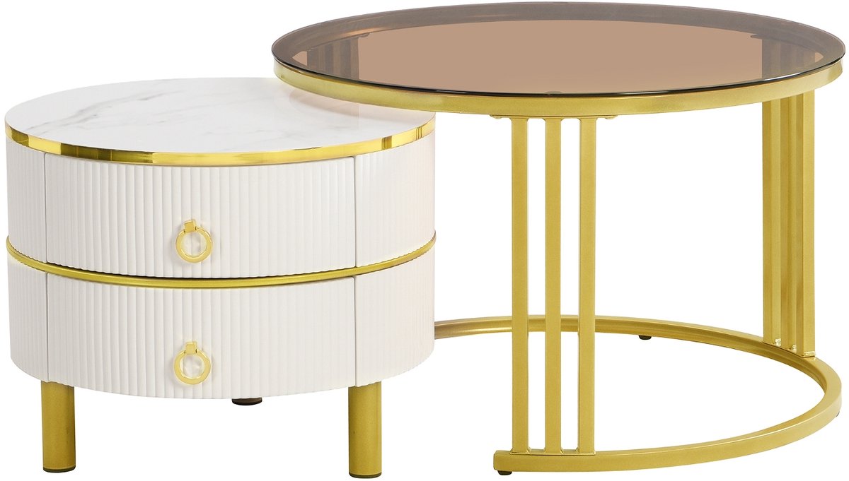 Ropilly Salontafel 2 in 1 - Ronde Koffietafel met 2 Lades - MDF en Bruin Glas - Woonkamer - Wit en Goud