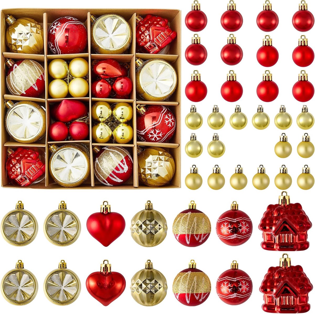 Kerstboomdecoratie, set van 42 stuks, kerstboomballen, decoratie, plastic decoraties, kerstdecoratieset voor Kerstmis, bruiloft, feest, decoratie, rood goud
