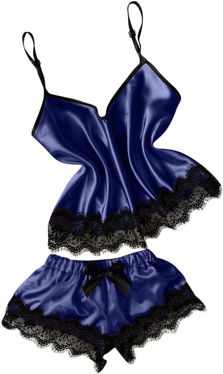 Nachtkleding kant lingerie sexy jurk met string voor damesDames Nachtkleding Chique V-hals Sexy Stain Camisole Pyjama Shorts Set-Navy_blue_L