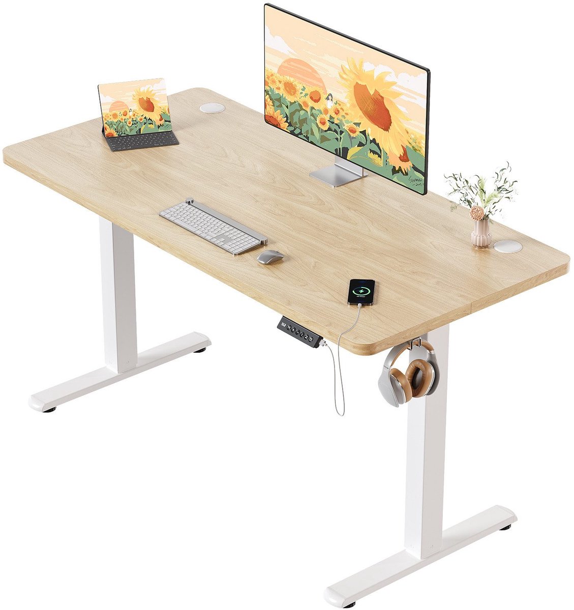 Devoko Elektrisch Verstelbaar Zit-Sta Bureau 100x60 cm Breed – Hoogte 73–118 cm – 2 Geheugenstanden, Zit-Herinnering, LED-Display en USB – Draagvermogen 70 kg – Beige