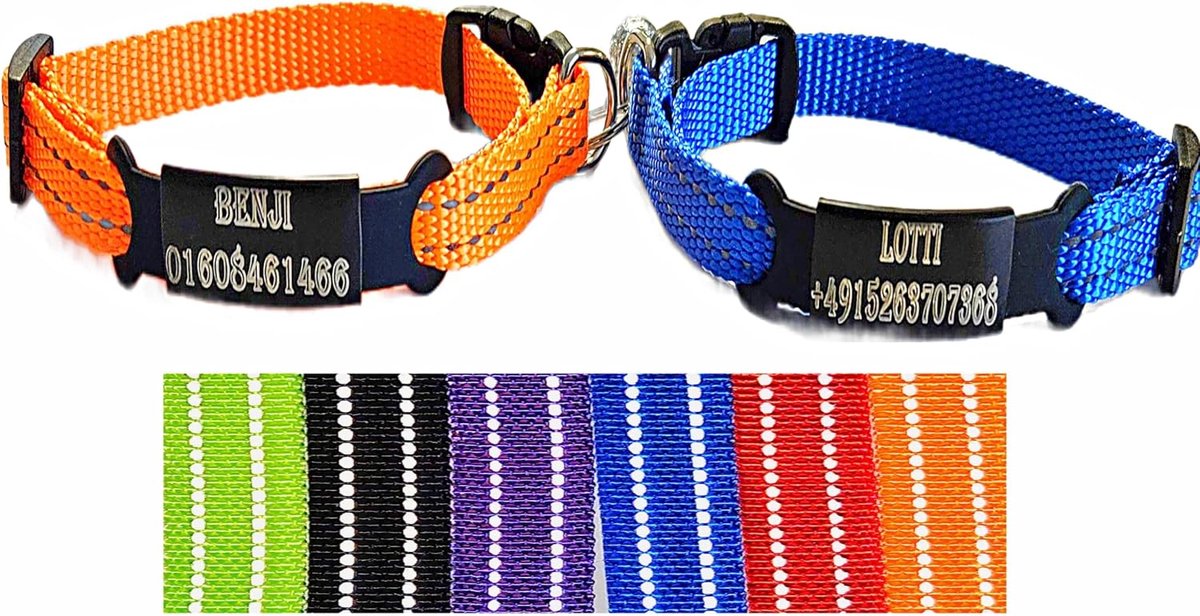 2X gepersonaliseerd kattenhalsband gepersonaliseerd met gegraveerde naam kat halsband reflecterend lichtgevend uit nylon met belletjes (oranje en blauw)