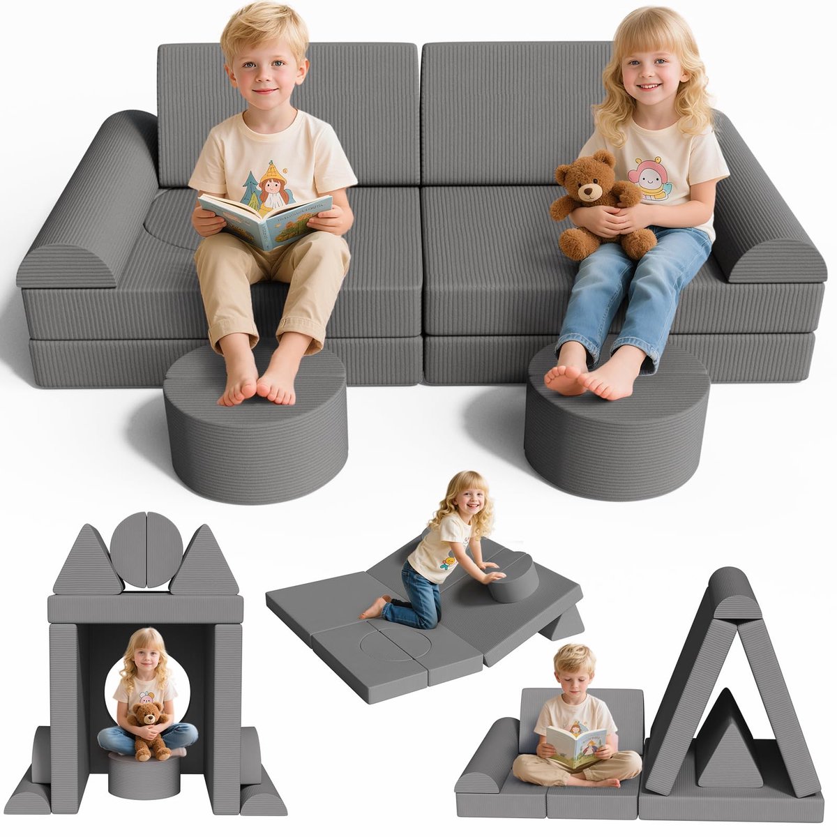 MAMIZO 15-Delige Modulaire Speelbank - Kinderbank - Corduroy - voor knuffelhoek in de kinderkamer - Grijs