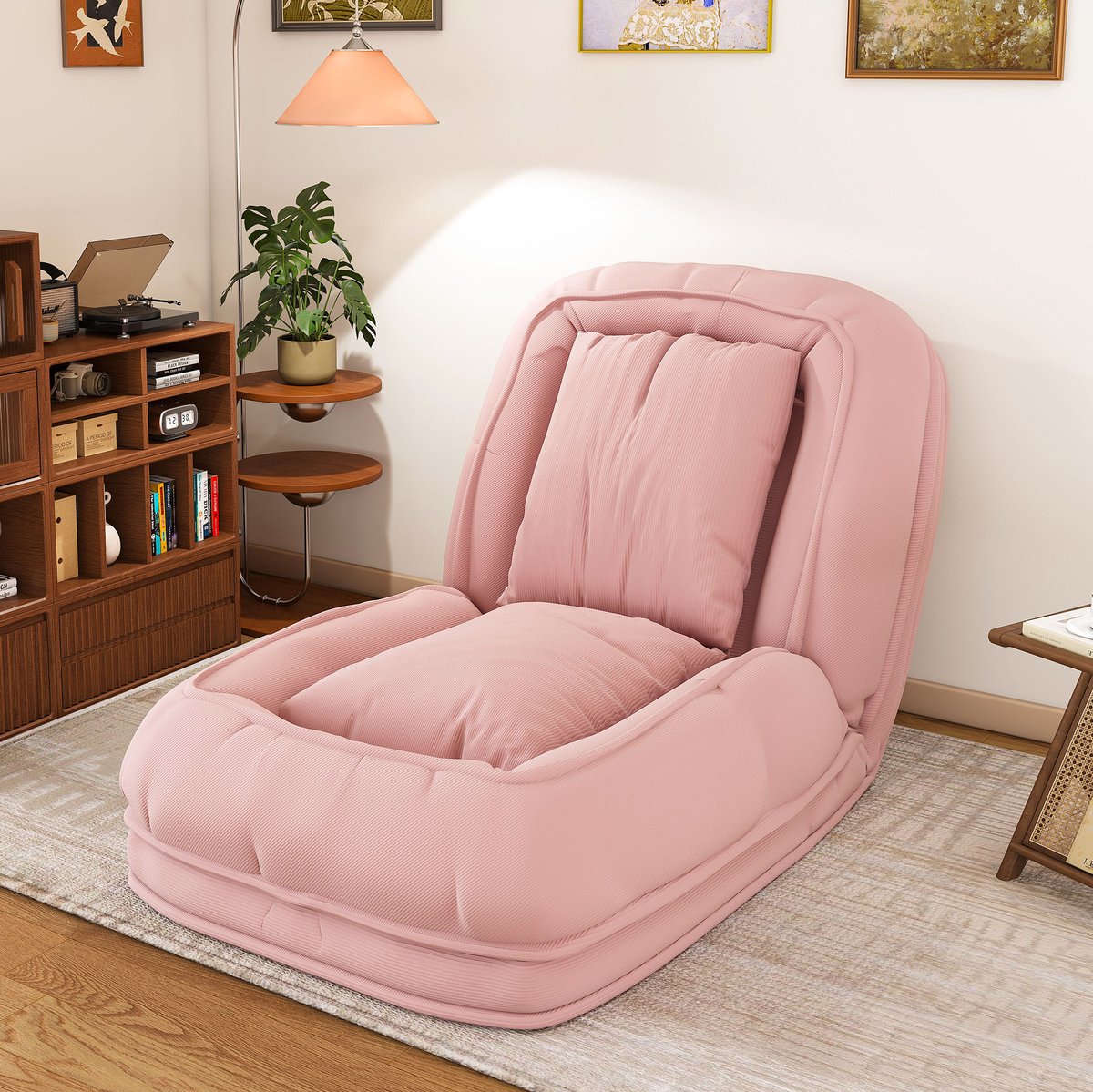 REDOM Klapbare chaise longue - 5-voudig verstelbaar 90°-180° - Metalen frame - Ribstof bekleding - 2 kussens - Roze - 180 x 90 x 26 cm