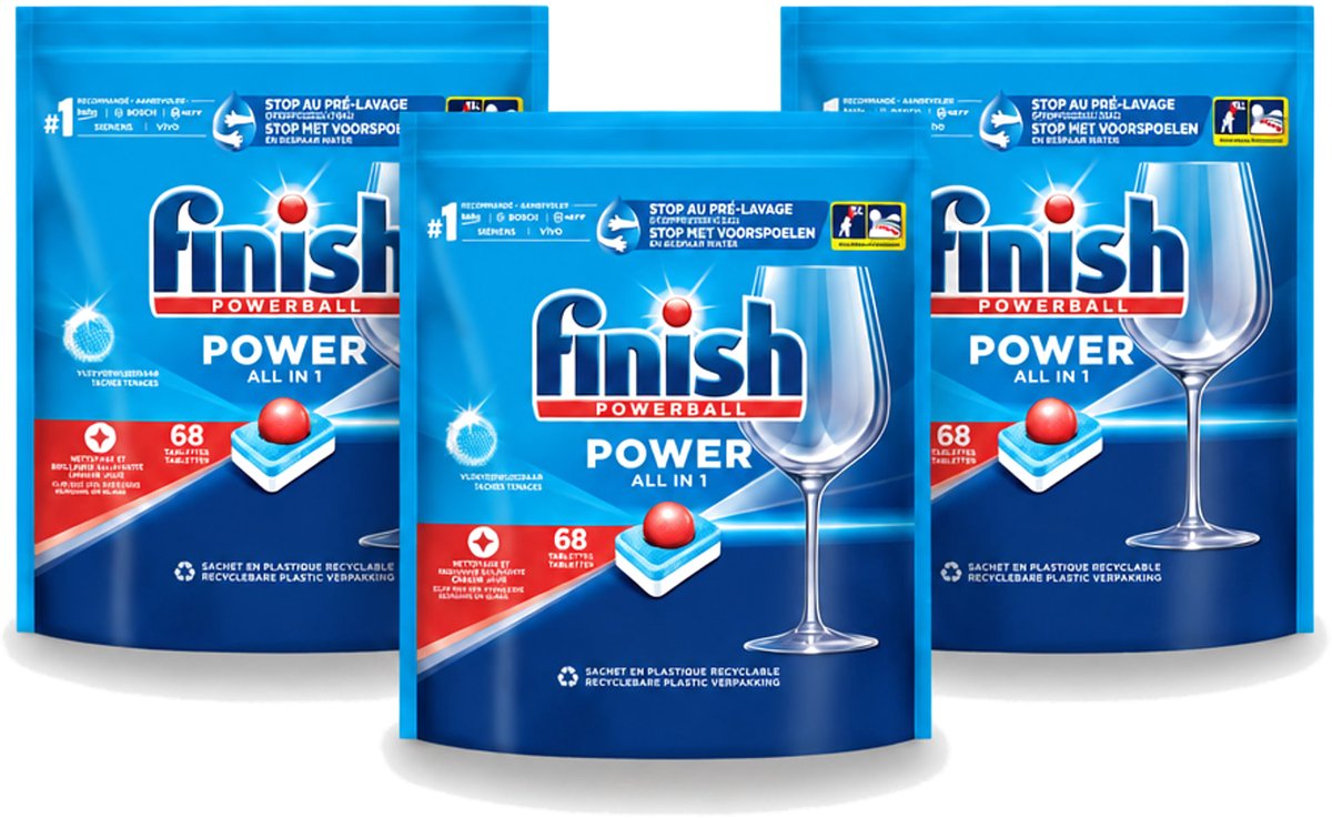 3 x Finish Powerball - Power All in 1 - Vaatwastabletten - Reiniging & Glans - 68 Tabletten - Voordeelverpakking - 3 stuks