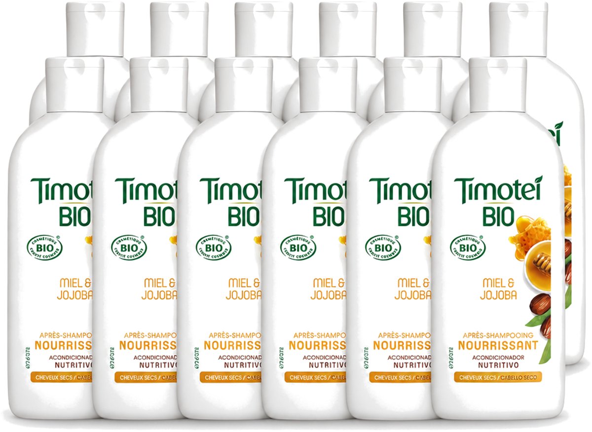 12 x Timotei - Crèmespoeling - Honing & Jojoba - Biologisch - Droog Haar & Droge Hoofdhuid - 250 ml - Voordeelverpakking - 12 stuks