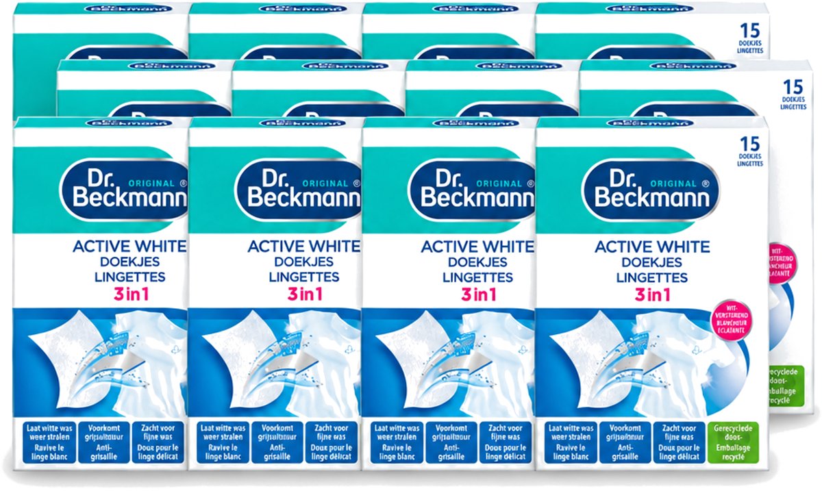 12 x Dr. Beckmann - Kleurverzorging - Active White - Witte Was - 15 Doekjes - Voordeelverpakking - 12 stuks