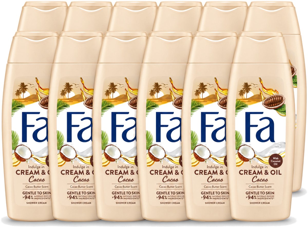 12 x Fa - Cream & Oil Cacao - Douchecrème - Cacaoboter Met Kokosolie - 250 ml - Voordeelverpakking - 12 stuks