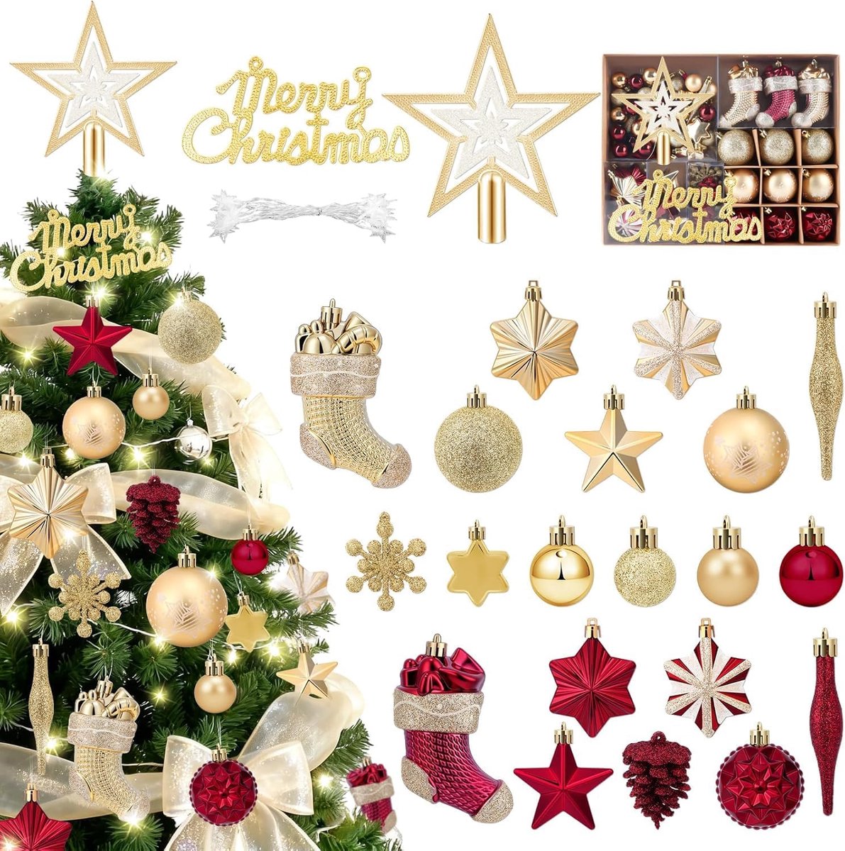 Kerstballen set 70 stuks - Plastic kerstdecoraties - Met LED licht - Creëer een feestelijke sfeer - ShopVlot