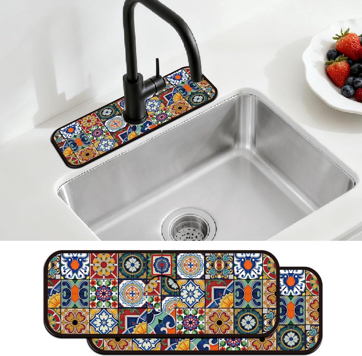 2 Stks Aanrecht Splash Guard Kraan Mat Gekleurde Boheemse Tegels Patroon Kraan Mat voor Gootstenen Absorberende - ShopVlot