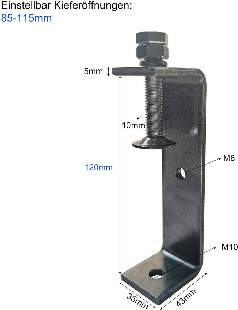 Ponezg Klemmen, 2 stuks, C-klem, 85-115 mm, instelbare kaakopeningen, roestvrij staal, openingsbreedte 120 mm - ShopVlot