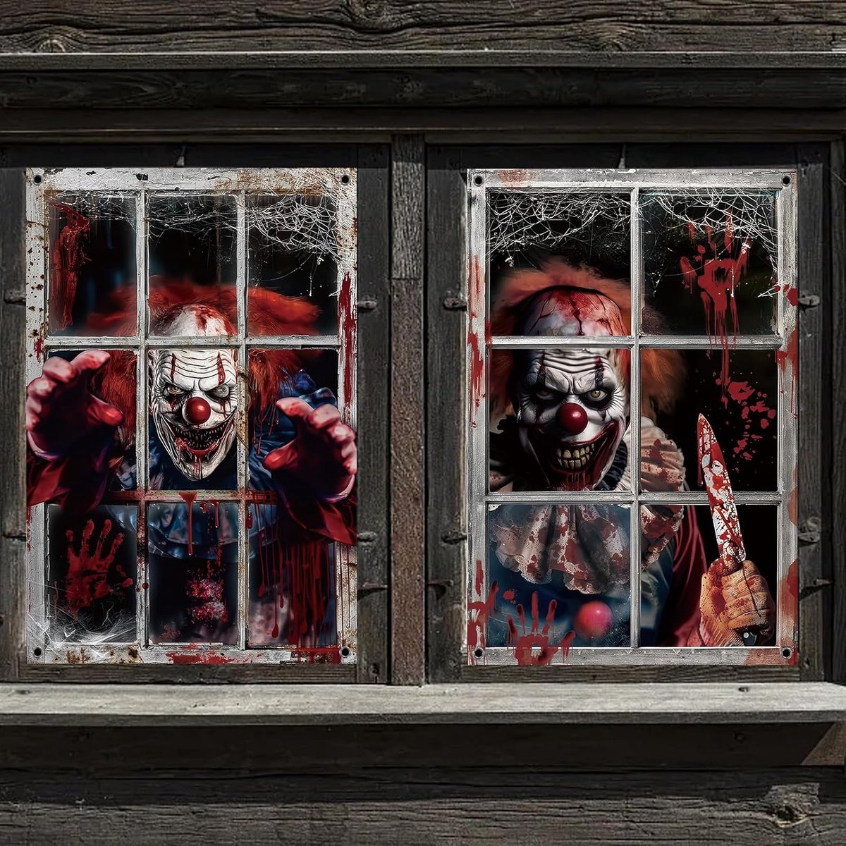 2 stuks, raamgordijnen, horrorclowns, voor Halloween-feesten, carnaval, horrorfeest, raamdecoratie (A) (H, 120 x 80 cm)