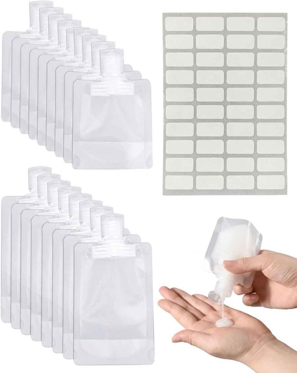 20 stuks knijpzakken, 30/50 ml, reisformaat, navulbaar, lekvrij voor handbagage, vloeistoffen voor het vullen van shampoo, lotion en cosmetica, inclusief etiketten