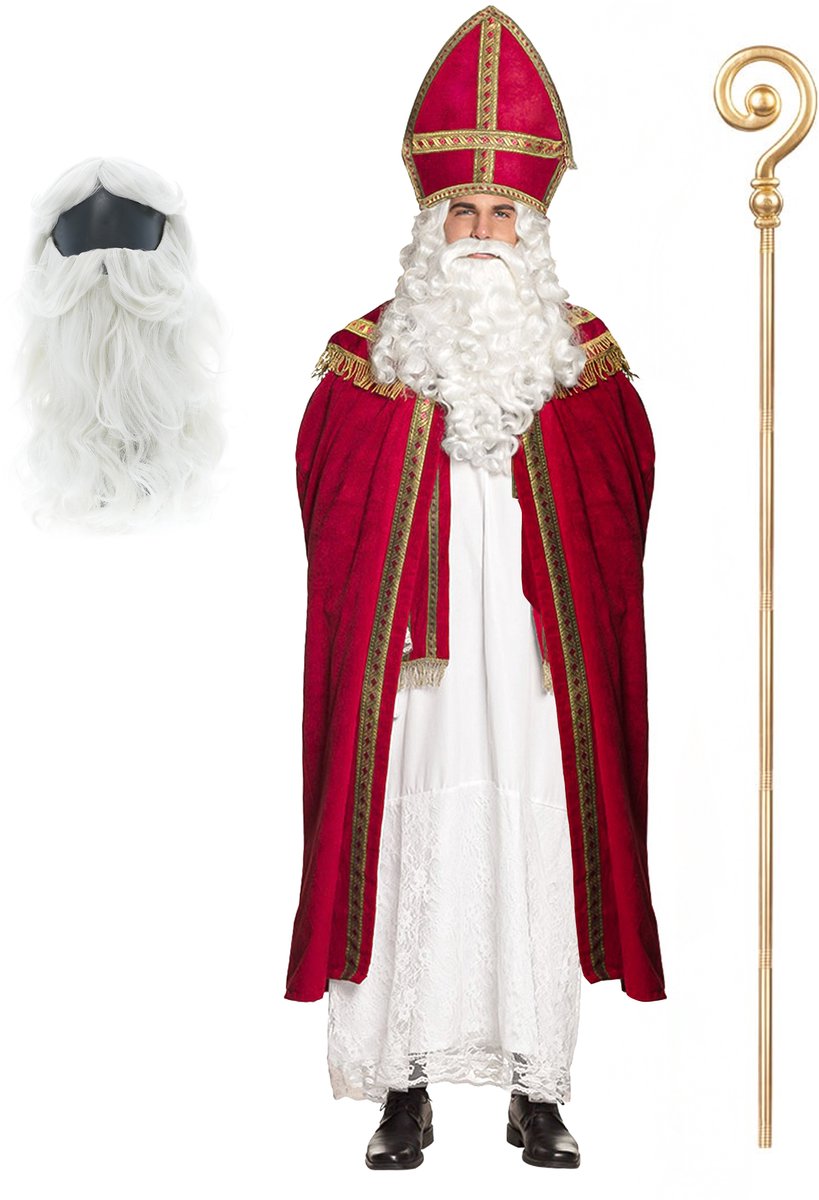 Vegaoo - Sinterklaas verkleedset met staf, baard en pruik voor volwassenen