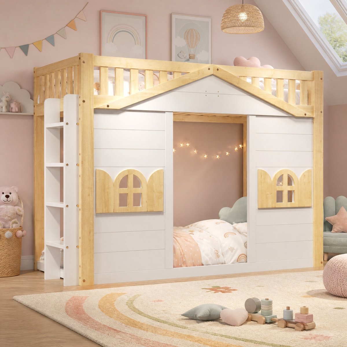 REDOM Hoogslaper - Huisvorm met raam - Verwisselbare ladder - Lattenbodem - Kinderkamer - Hout en MDF - Wit - 211 x 95,5 x 150 cm