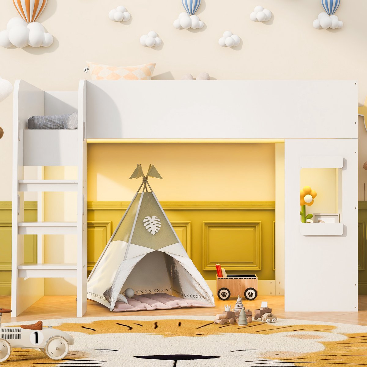 VVBV Hoogslaper 90x200 – Hoogslaper met Lades, Bureau, Ladder, Trap en LED-Verlichting – Voor Slaapkamer – Voor Kinderen en Tieners – Wit