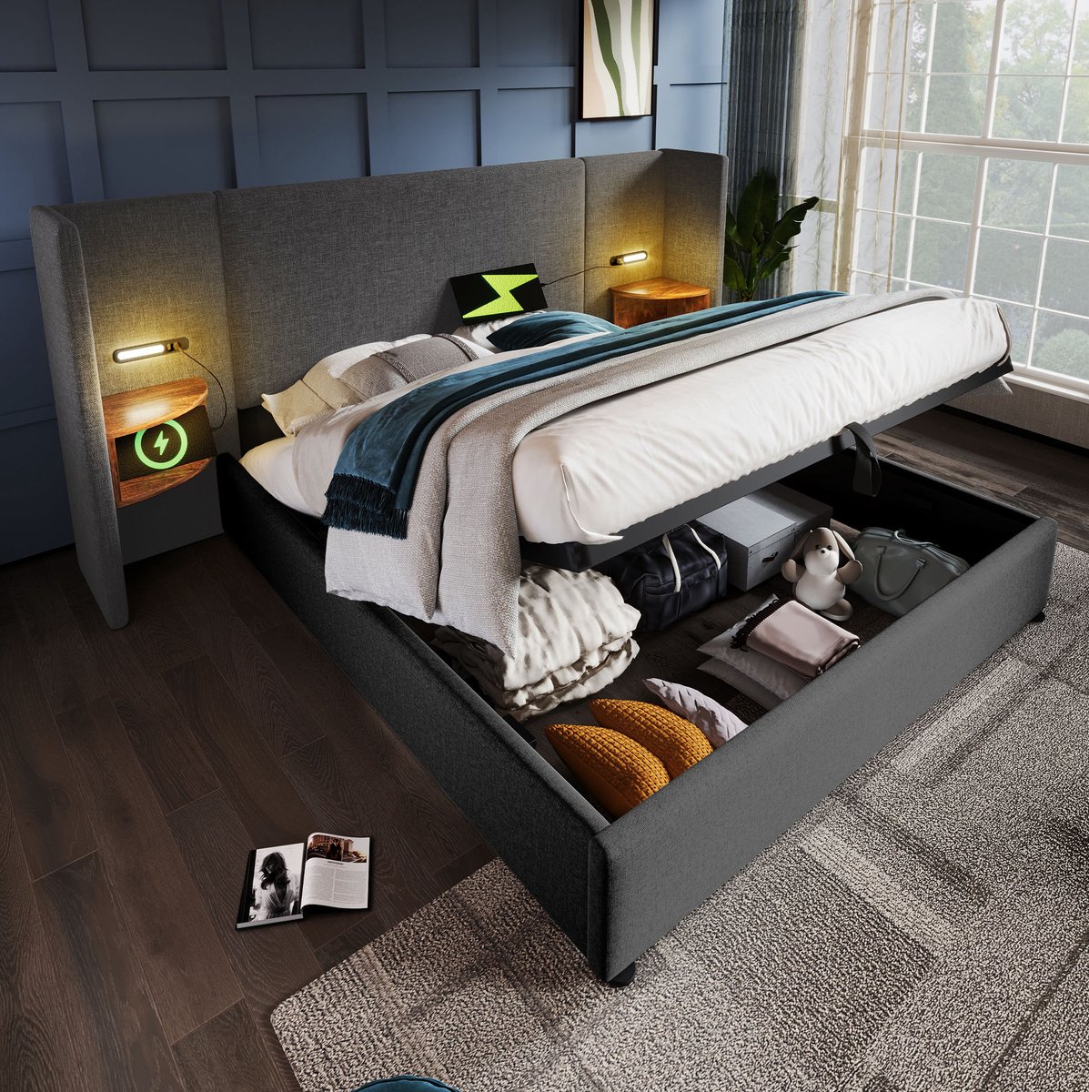 WUVRIE Opbergbed 160x200 cm met leeslamp, USB en USB-C, lattenbodem en opbergplanken, grijs