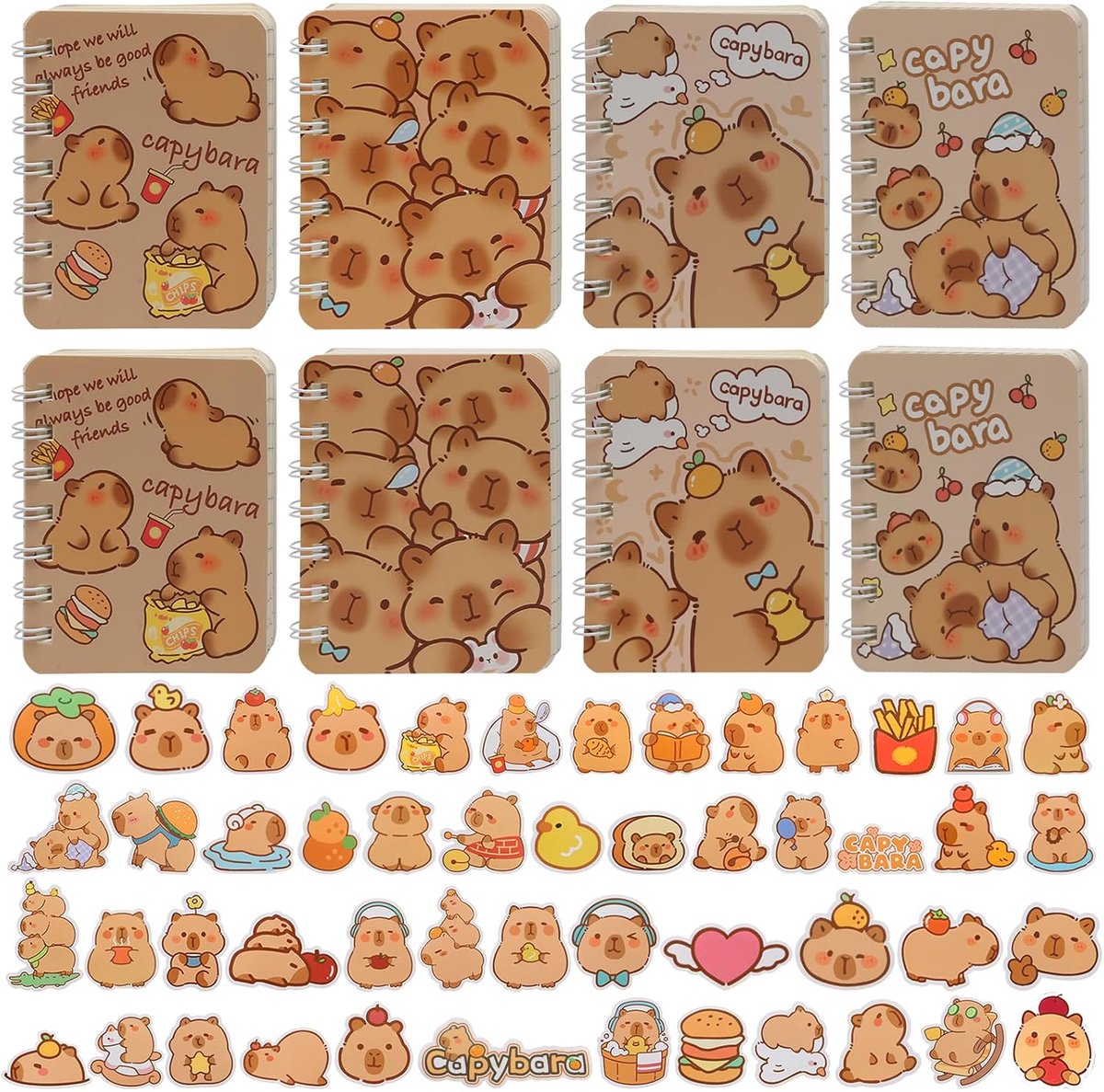 SnelShoppen - A7 Notepad Set - 8 Stuks Kleine Notitieblokken - Pocketformaat 10x8cm - Lijnnotitieboekjes voor Kantoor en School - Kawaii Capybara Desi