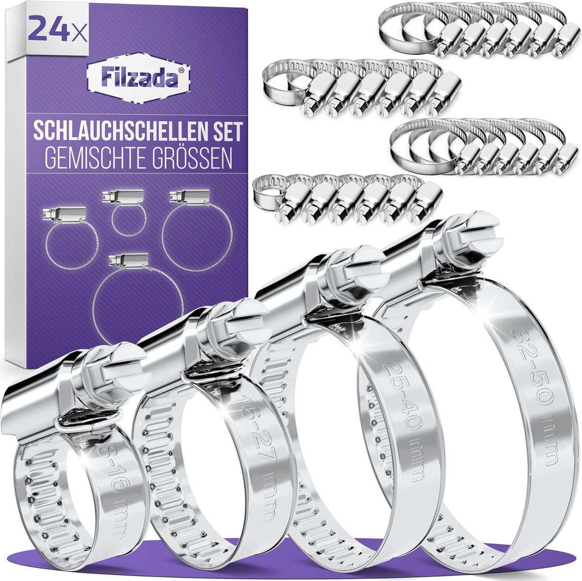 SnelShoppen - 24x Roestvrijstalen Slangklemmen Set 8-50mm - Verstelbare Slangklemmen van Hoogwaardige RVS voor Waterleiding en Tuinslang