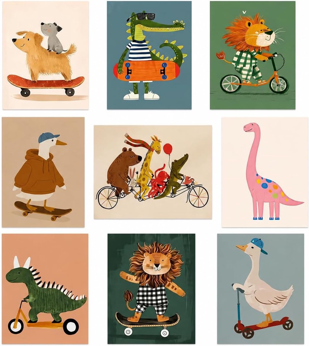 SnelShoppen - Schattige Wanddecoratie Kinderkamer Meisje met Diermotieven, 9-delige Posterset, Hoogwaardige Canvasdruk 20x30 cm, Creatieve Kamerversie