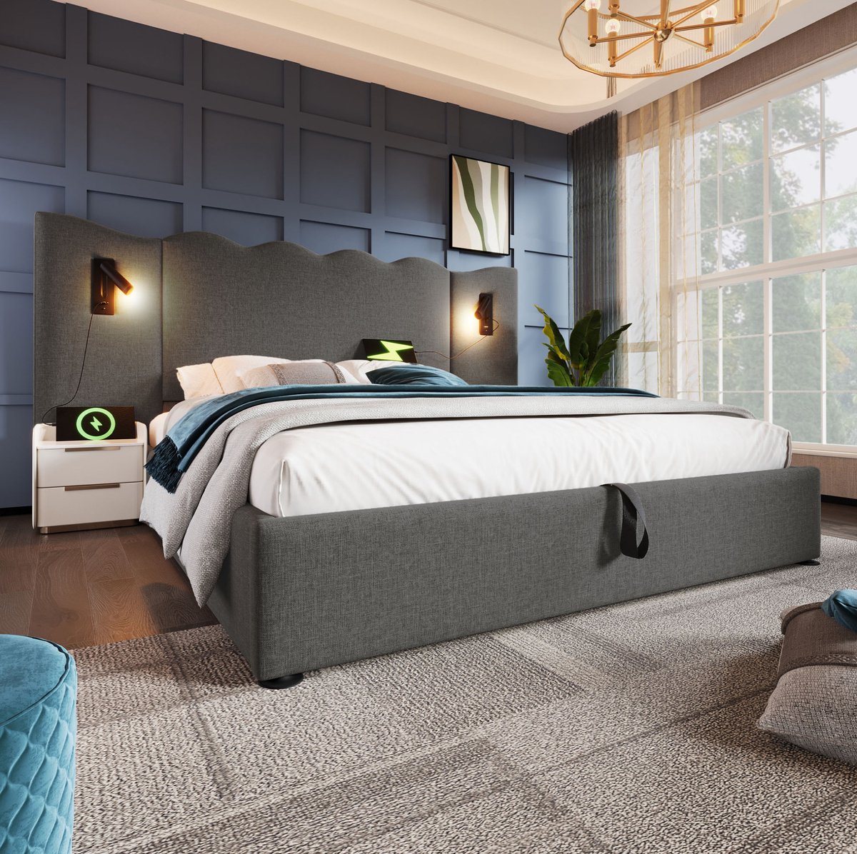 WUVRIE Tweepersoons opbergbed 160x200 cm met leeslamp, USB-C, lattenbodem en linnen bekleding, grijs