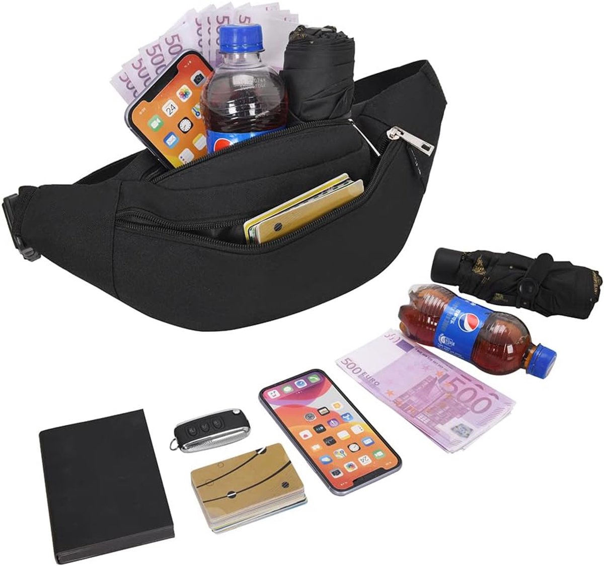 SnelShoppen - Fanny Pack voor Mannen en Vrouwen - Waterdichte Heuptas voor Wandelen, Hardlopen, Reizen, Hond Uitlaten, Outdoor Sporten, Zwart, One Siz