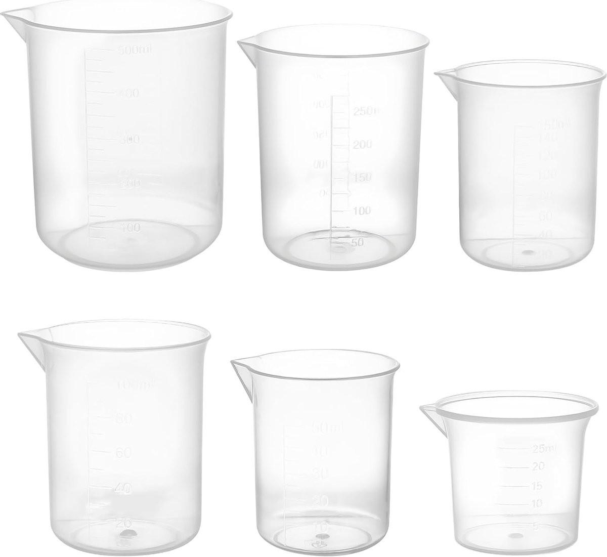 SnelShoppen - 6 Stuks Maatbekerset 25ml 50ml 100ml 150ml 250ml 500ml - Hittebestendige Kunststof Doseerbekers voor Keuken en Laboratorium - Nauwkeurig