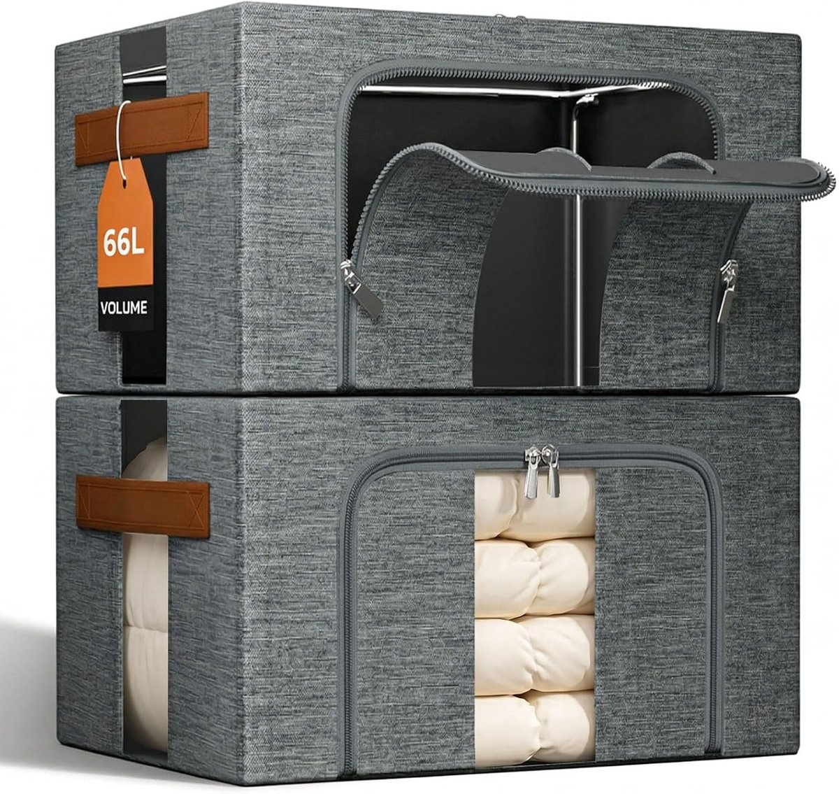 SnelShoppen - Opbergdoos Kleding Vouwbaar Met Metalen Frame - Stapelbare Opbergzak Met Deksel Voor Kleding Organizer - 2 x 66L Grijs - Ideaal Voor Sei
