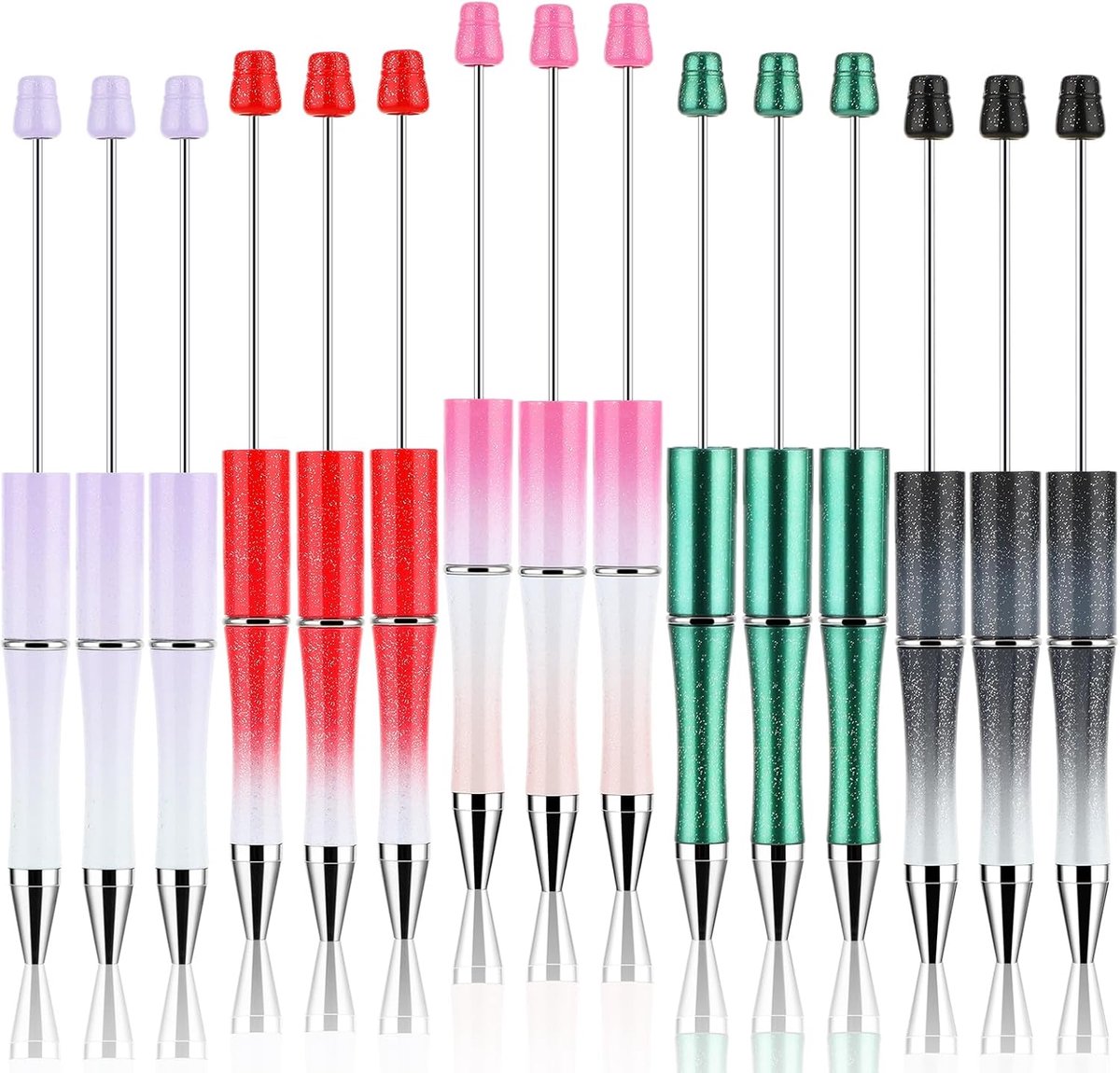 SnelShoppen - 15 Stuks Plastic Kralen Pennen Multi Gekleurde Kralen Balpennen voor Kinderen, Studenten, DIY, Zwarte Inkt, Unieke Pennen voor School en