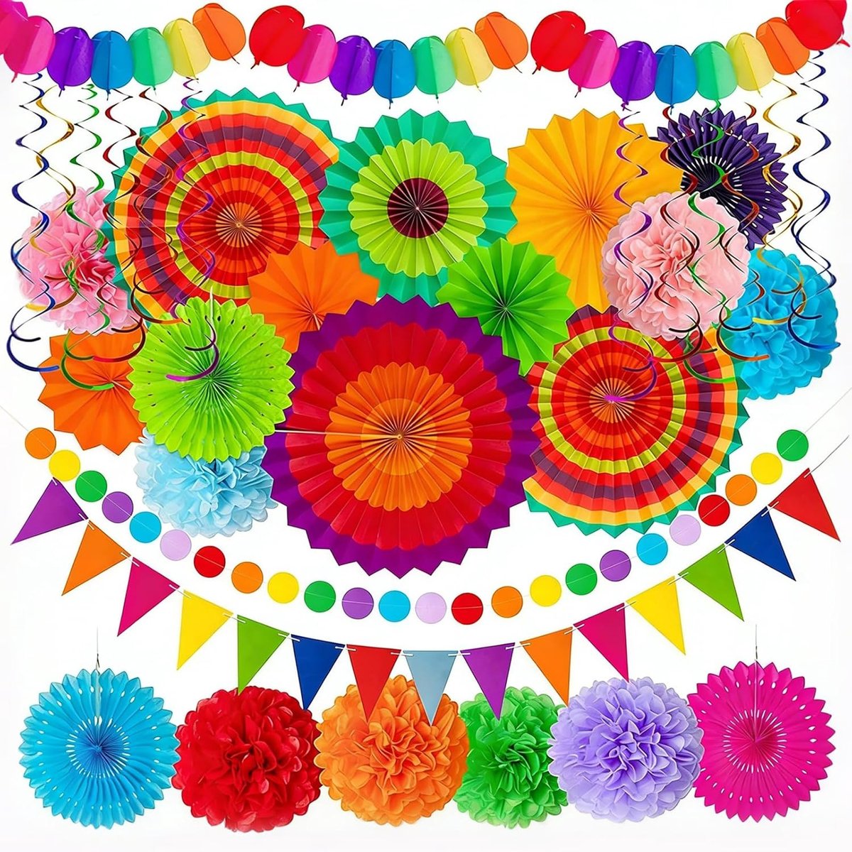 Feestdecoratieset 33 delen - Papieren waaiers en pompons - Vrolijke vlaggetjes - Perfect voor feestjes - ShopVlot