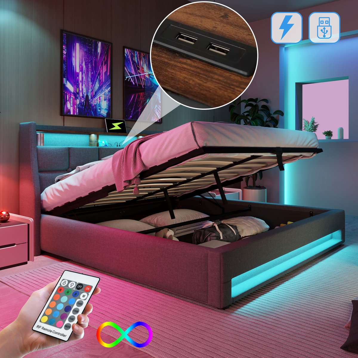 WUVRIE Tweepersoonsbed 180x200 cm met LED, USB, opbergruimte en lattenbodem, grijs