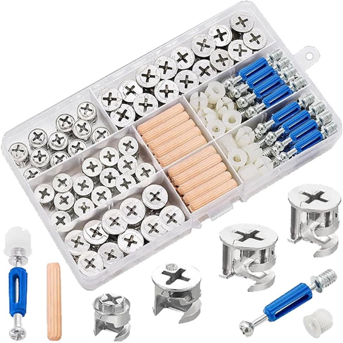 120 stuks nokkensloten voor meubels, 3-in-1 excentrische hardware-wielen, meubelbevestigingen en connectoren met moeren in verschillende maten, schroeven en houten pluggen assortiment kit