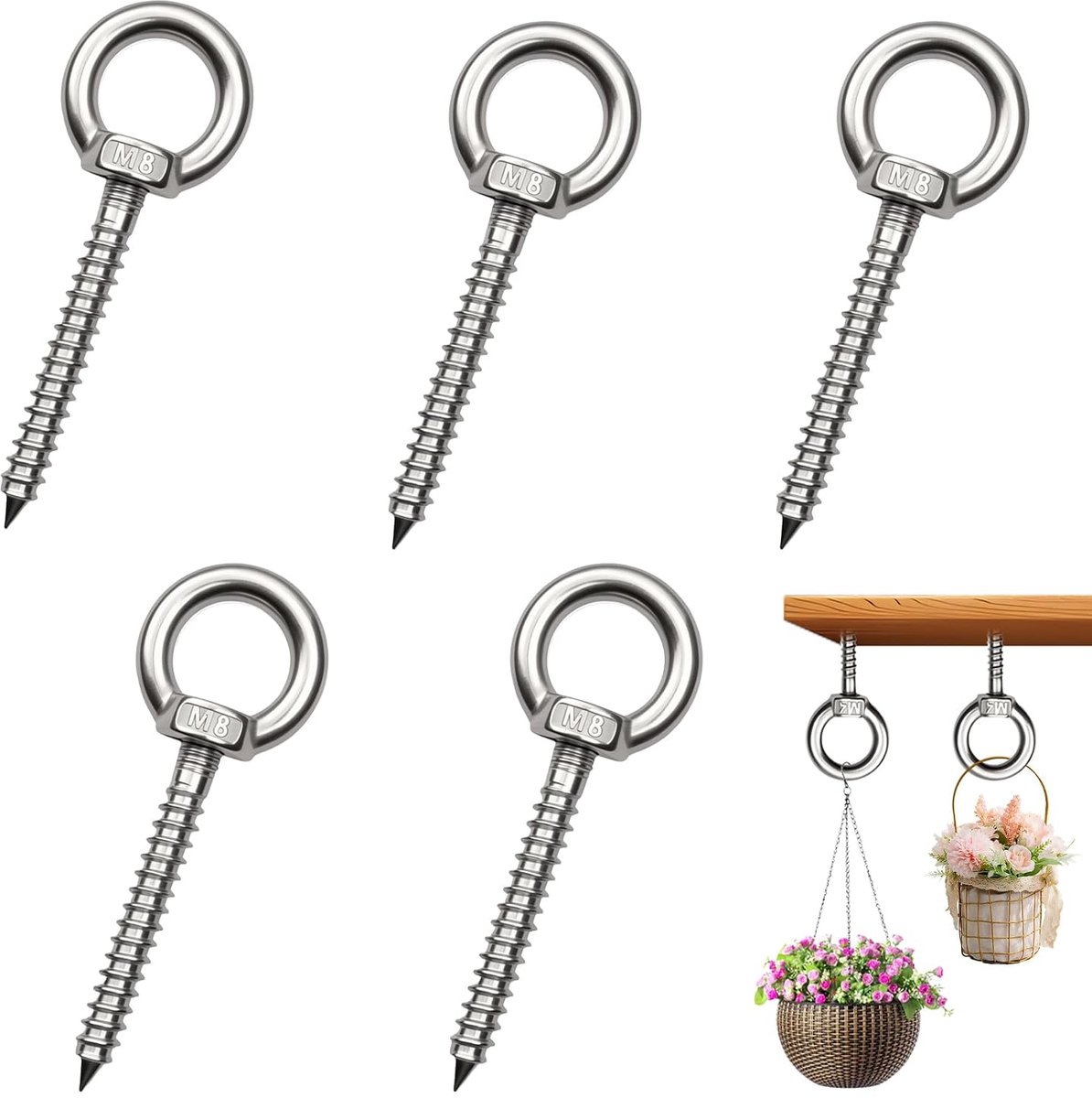 5 stuks oogschroeven met houtschroef, M8 oogschroef roestvrij staal