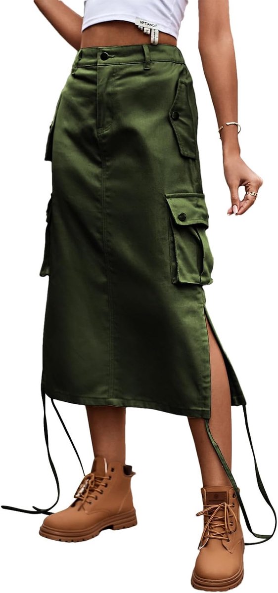Cargorok voor dames, onder de knie, hoge taille, denim jeansrok met zakken