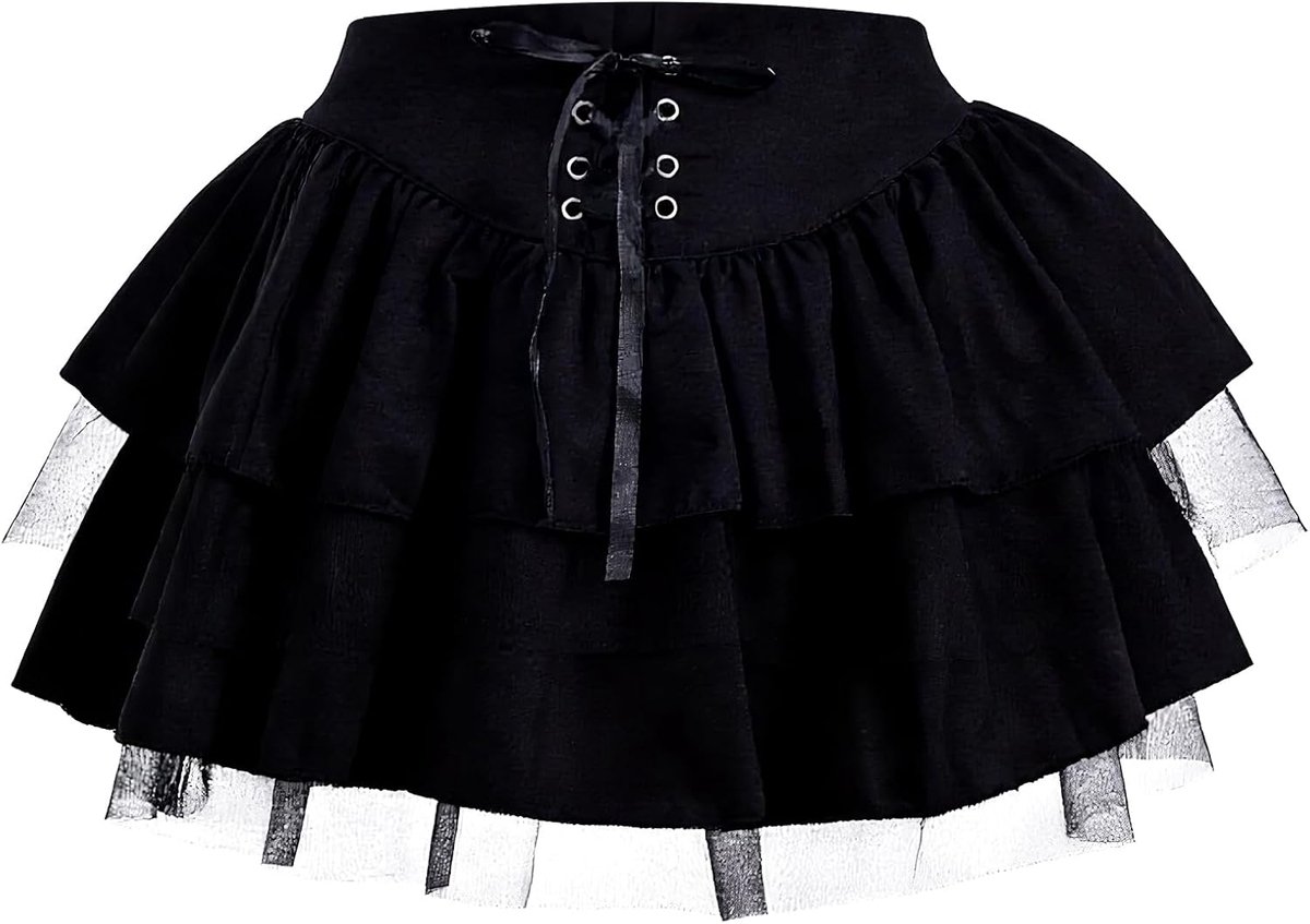 Kleding dames minirok A-lijn rok, hooggetailleerde minirok met trekkoord en geribbelde rand, verstelbare gothic rok,gelaagde roki meisjes cake rvoor Halloween carnaval cosplay cadeau(41 cm)