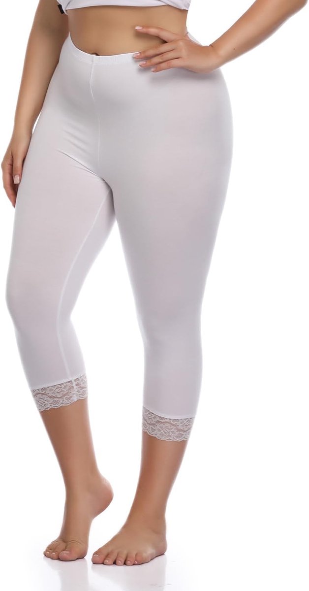 Leggings voor Vrouwen Dames Hoge Taille Bijgesneden Broek Trim Stretchy Broek 3/4 Lengte Buikcontrole Kant Boterachtige Zachte Elastische Casual Kleding Plus Size Zomer Running Yoga Gym, Wit, XL