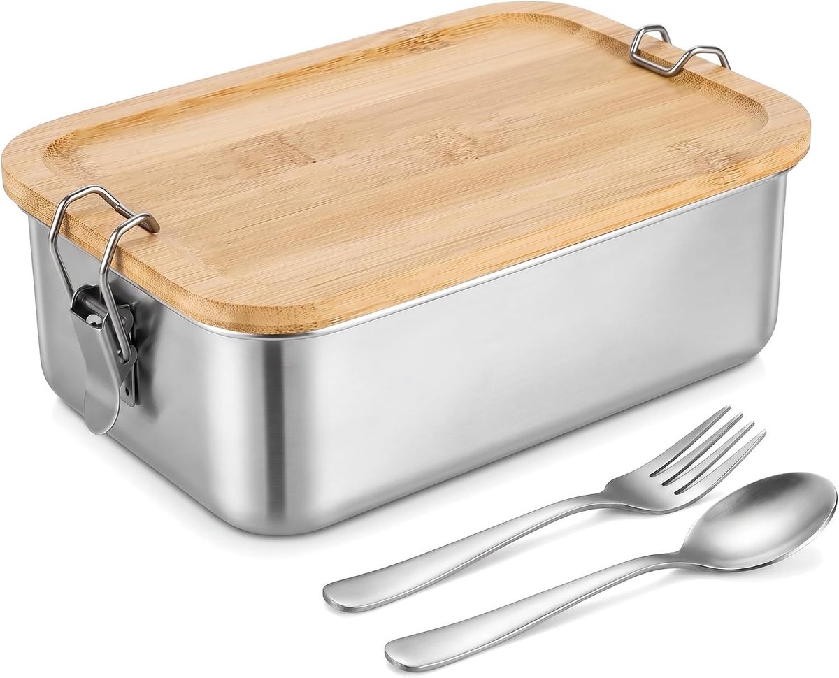 Broodtrommel 1400 ml met bamboedeksel, lunchbox met vork en