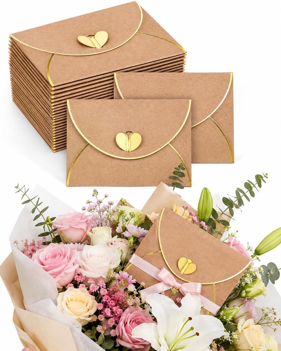 50 stuks mini-enveloppen van kraftpapier met witte kaarten, hartsluiting en gouden rand, kaarten met cadeauenvelop voor wenskaarten, huwelijkswensen, uitnodigingen en knutselen