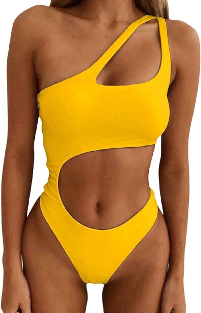 Eendelig badpak - eendelig - sexy - badkleding - strand - meisje - open op de buik - geel