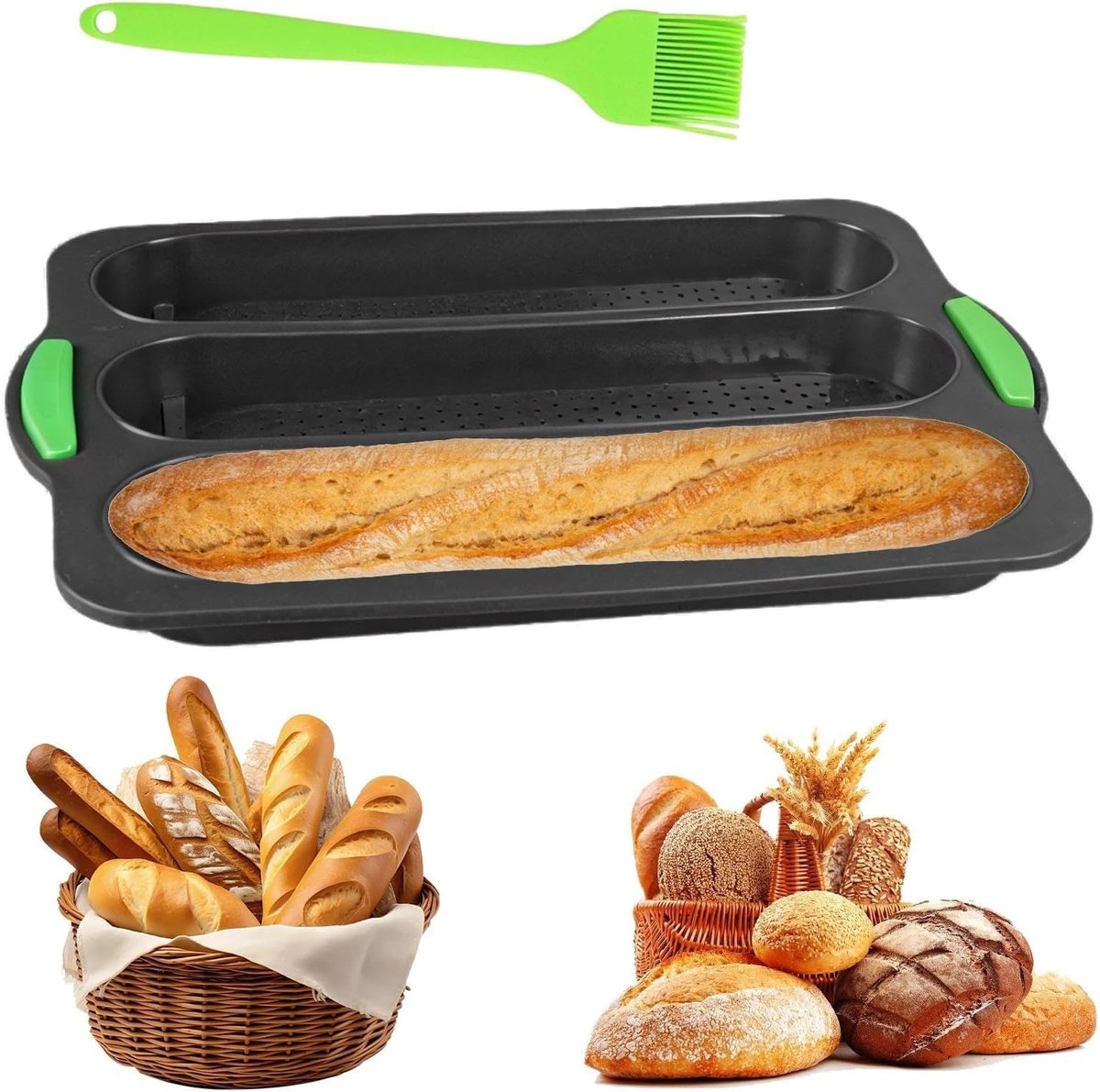 Silicien Broodbakvorm Stokbrood Bakvorm 3 Sleuves Broodbakplaat Met Oliekwast voor Hotdogs, Stokbroden en Brood