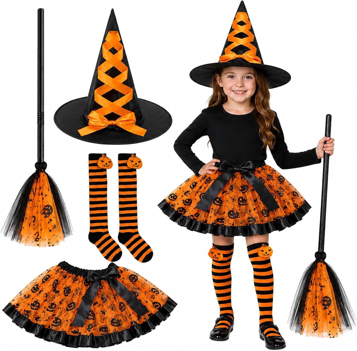 Heksenkostuum voor kinderen, meisjes, 3-delig, met zwarte zilveren tule jurk, heksenbezem voor kinderen, heksenhoed voor kinderen, Halloween-kostuum voor meisjes voor Halloween