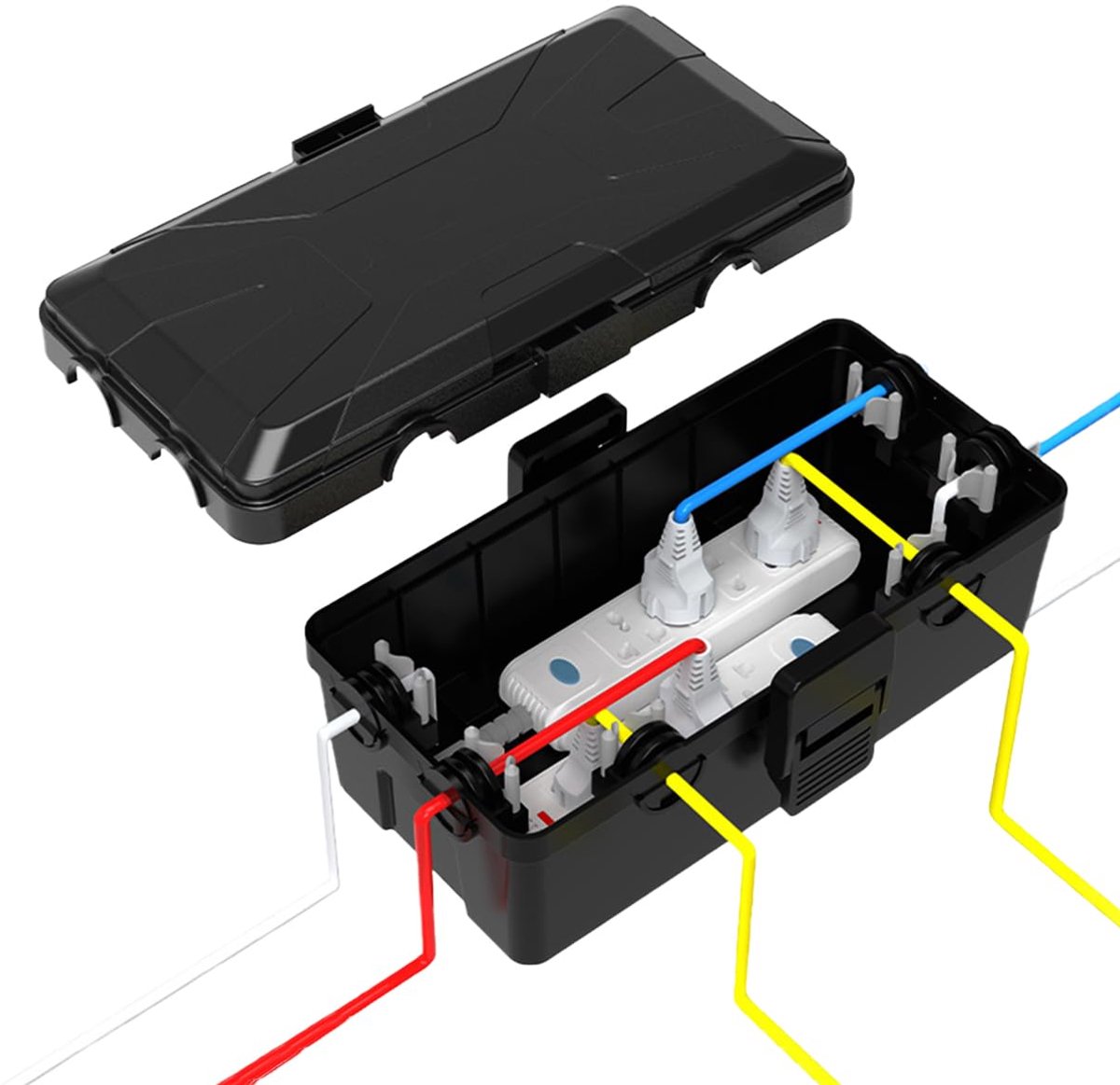 Waterdicht, IP54, elektrische box, voor buiten, veilige box, waterdichte kabelbox, outdoor, zwart, weerbestendige aansluitdoos, stekkerdoos, buitenstopcontact voor verlengkabel