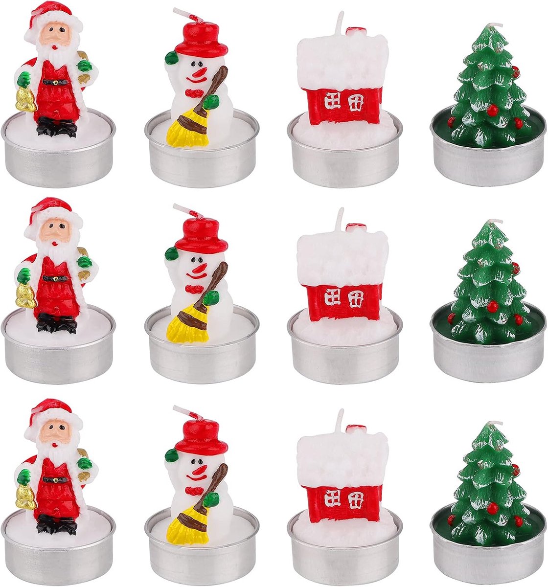 12 Stuks Kerst Theelicht Kaarsen Set Santa Claus Sneeuwpop Kerstboom Huis Theelicht Decoratieve Kaarsen voor Kerstavond Feest Huis Keuken Patio Buiten Camping Decoratie Vrouwen Cadeau