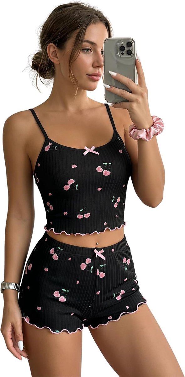 Kort met kersenprint, tanktop en shorts, pyjama, mouwloos, nachtkleding, comfortabele lounge-set, casual, zacht