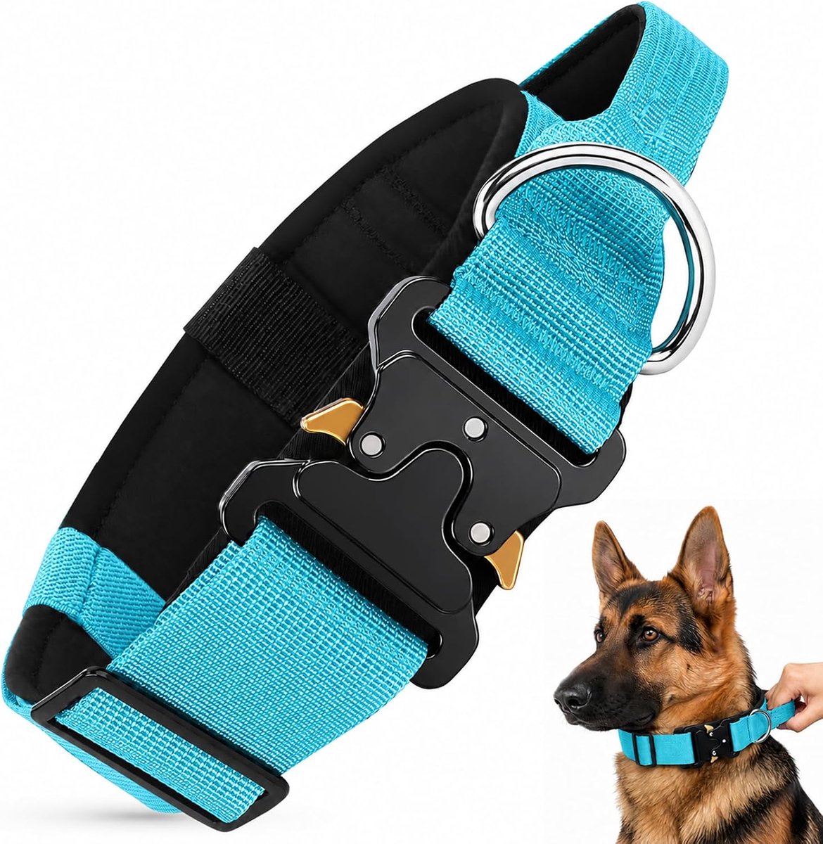 Hondenhalsband met handvat en snelsluiting, metalen gesp, zwaar belastbare, dikke brede halsband, militair, verstelbaar, gewatteerde halsband, voor middelgrote en grote honden (blauw, L)